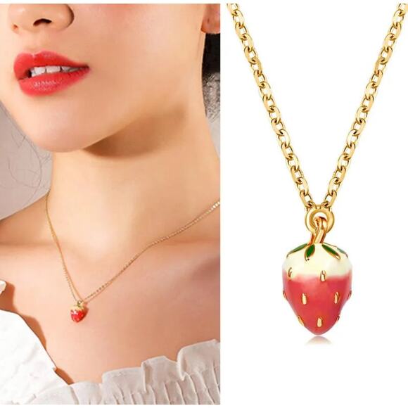 Sweet  Strawberry Fruit Alloy Stoving Varnish Glass Earrings & Necklace Set NWT - Picture 3 of 10